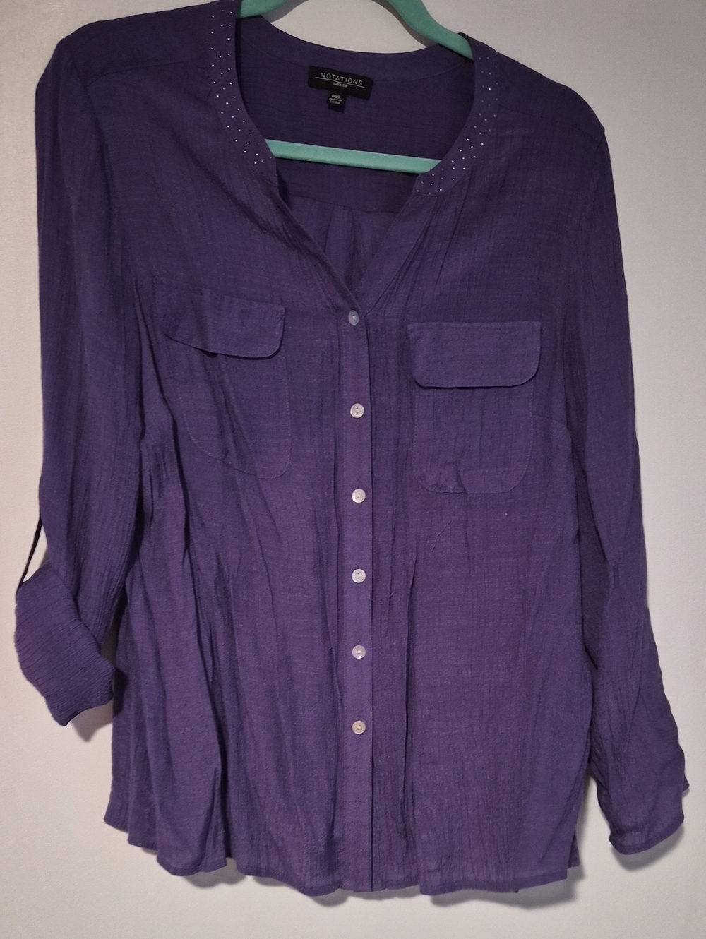 Notations Studded Neckline Button Front Purple Gauzy Blouse